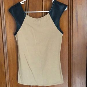 Tan top with faux black leather cap sleeves